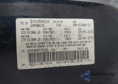 2005 Dodge Durango Slt from USA, damaged, VIN 1D4HB48N65F593326